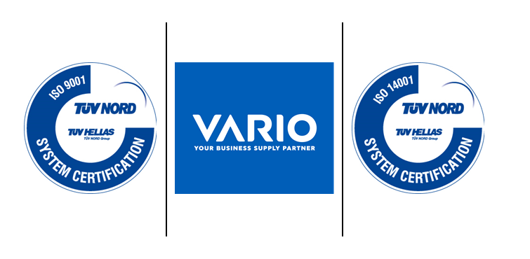 Η VARIO πιστοποιήθηκε από την TÜV Hellas κατά ISO 9001 και ISO 14001