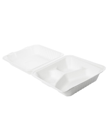 Biopak Clamshell σκεύος φαγητού 3 θέσεων bagasse ορθογώνιο με καπάκι λευκό 325/70/60ml 50τεμ