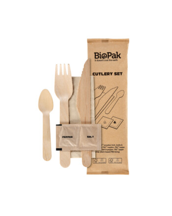 Biopak Petit κουβέρ πιρούνι, μαχαίρι, μικρό κουτάλι ξύλινο waxed, χαρτοπετσέτα, αλάτι, πιπέρι σε χάρτινη συσκευασία